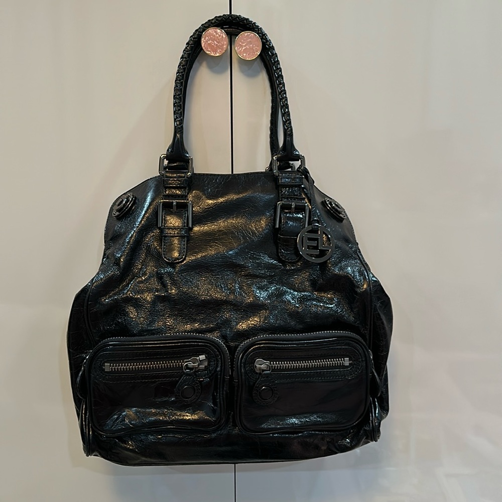 Elliott Lucca Portia Black Patent Leather Shoulder Bag NWT